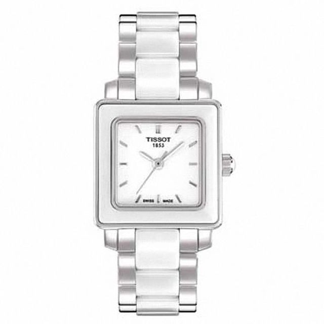 Ladies' Tissot Cera White Ceramic Watch with Square White Dial (Model: T064.310.22.011.00)