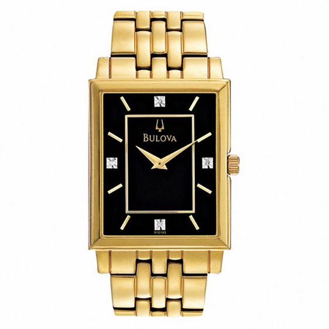 Men's Bulova Diamond Accent Gold-Tone Watch with Black Rectangular Dial (Model: 97D103)