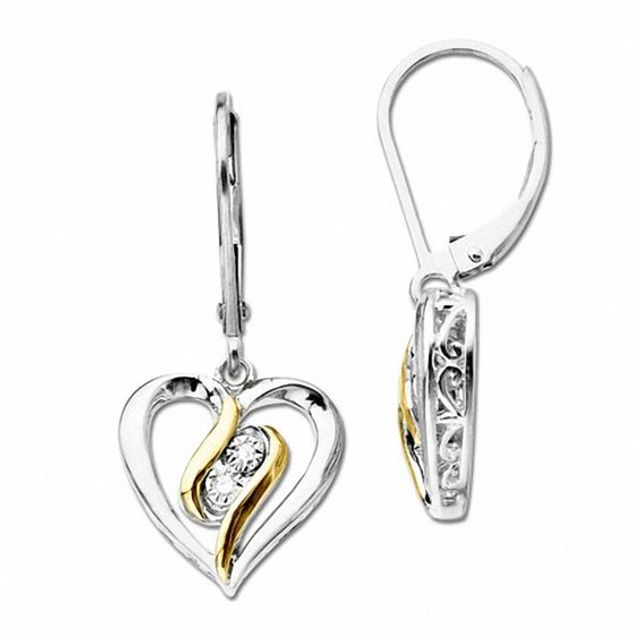 Diamond Accent Swirl Heart Drop Earrings in Sterling Silver and 14K Gold