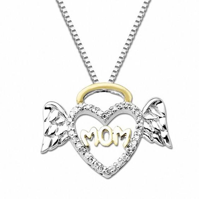1/10 CT. T.w. Diamond Halo Winged Heart Mom Pendant in Sterling Silver and 14K Gold