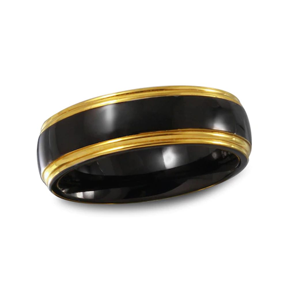 Men's 7.0mm Black Enamel Wedding Band in Gold IP Stainless Steel