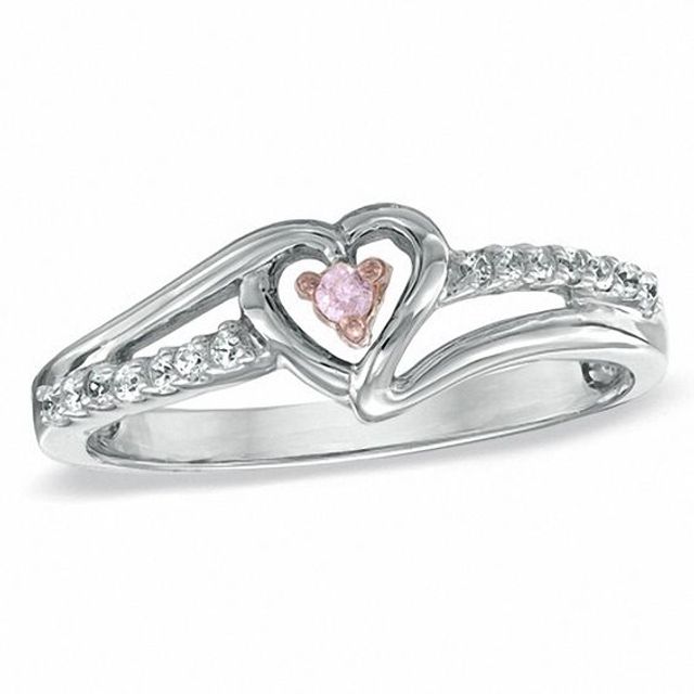 Lab-Created Pink Sapphire and Diamond Accent Heart Promise Ring in Sterling Silver
