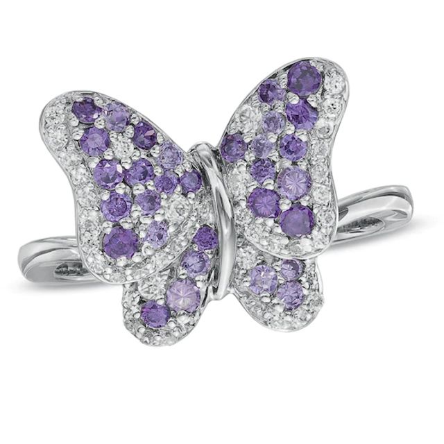 Amethyst and Lab-Created White Sapphire Butterfly Ring in Sterling Silver