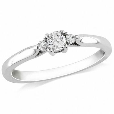 Lab-Created White Sapphire and Diamond Accent Three Stone Promise Ring Sterling Silver