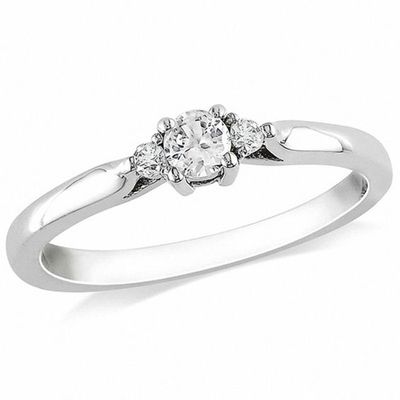 Lab-Created White Sapphire and Diamond Accent Three Stone Promise Ring in Sterling Silver