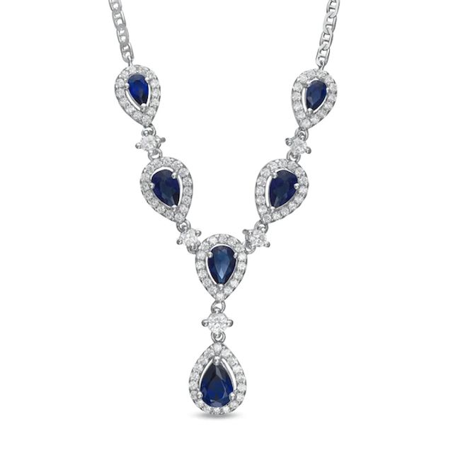 Pear-Shaped Lab-Created Blue Sapphire and White Sapphire Drop Necklace in Sterling Silver - 15"