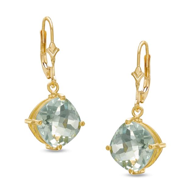 10.0mm Cushion-Cut Green Quartz Drop Earrings in 10K Gold