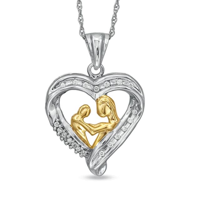 1/10 CT. T.w. Diamond Motherly Love Heart Pendant in Sterling Silver with 14K Gold Plate