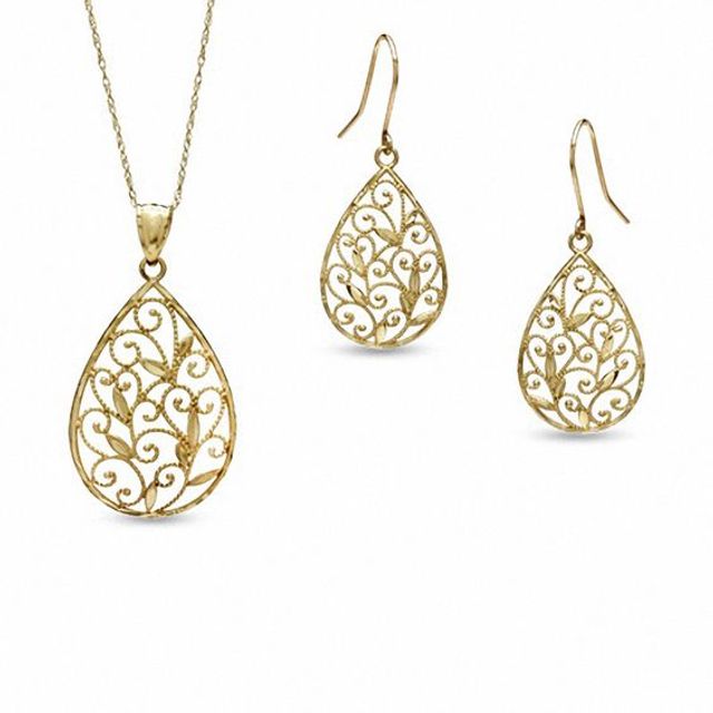 Teardrop Heart Lace Pendant and Earring Set in 10K Gold