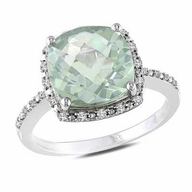 10.0mm Cushion-Cut Green Quartz and 1/10 CT. T.w. Diamond Ring in Sterling Silver
