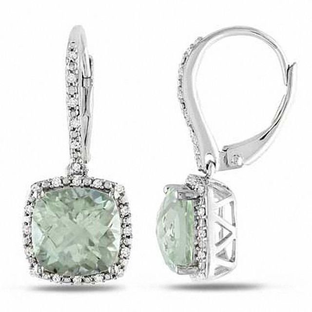 Cushion-Cut Green Quartz and 1/5 CT. T.w. Diamond Frame Drop Earrings in Sterling Silver