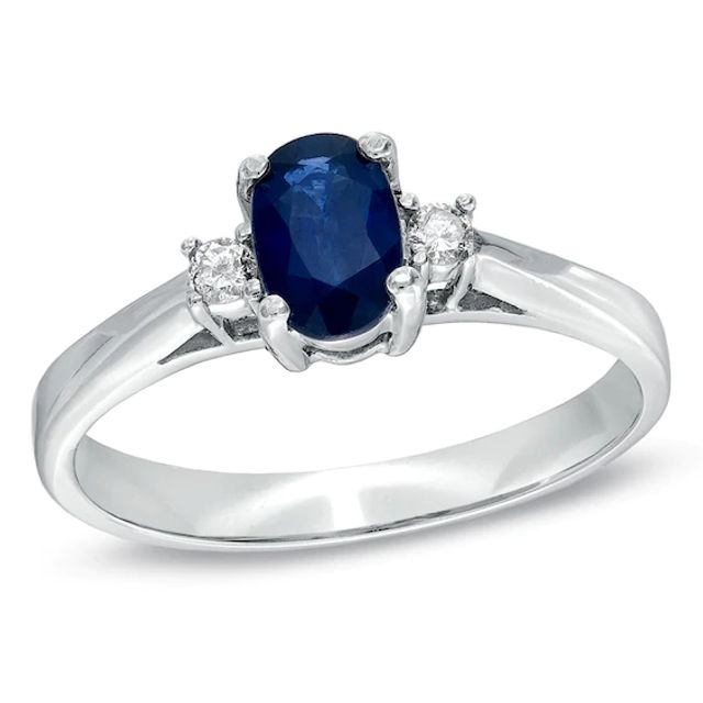 Oval Blue Sapphire and Diamond Accent Engagement Ring in 14K White Gold