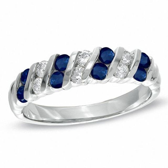 Blue Sapphire and 1/4 CT. T.w. Diamond Slant Band in 14K White Gold