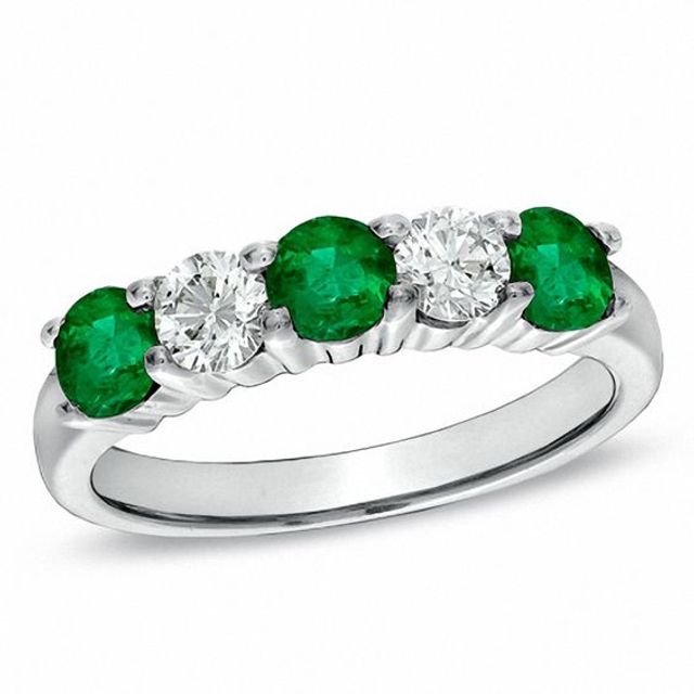 Emerald and 3/8 CT. T.w. Diamond Five Stone Band in 14K White Gold