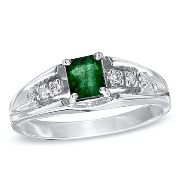 Emerald-Cut Emerald and Diamond Accent Engagement Ring in 14K White Gold
