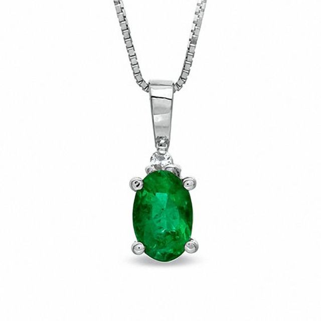 Oval Emerald and Diamond Accent Drop Pendant in 14K White Gold