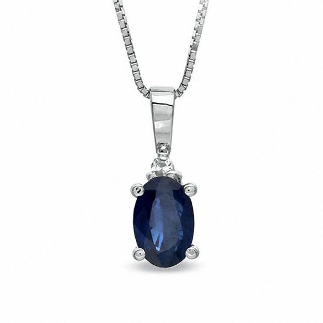 Oval Blue Sapphire and Diamond Accent Drop Pendant in 14K White Gold