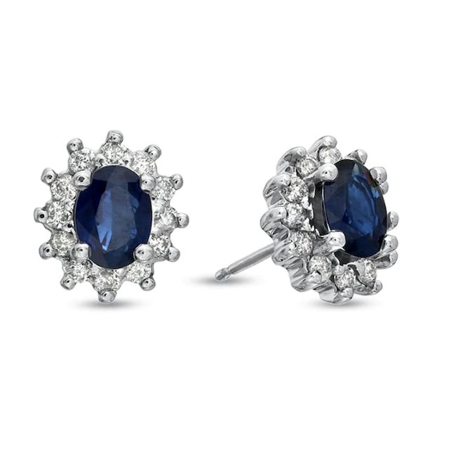 Oval Blue Sapphire and 1/2 CT. T.w. Diamond Frame Stud Earrings in 14K White Gold