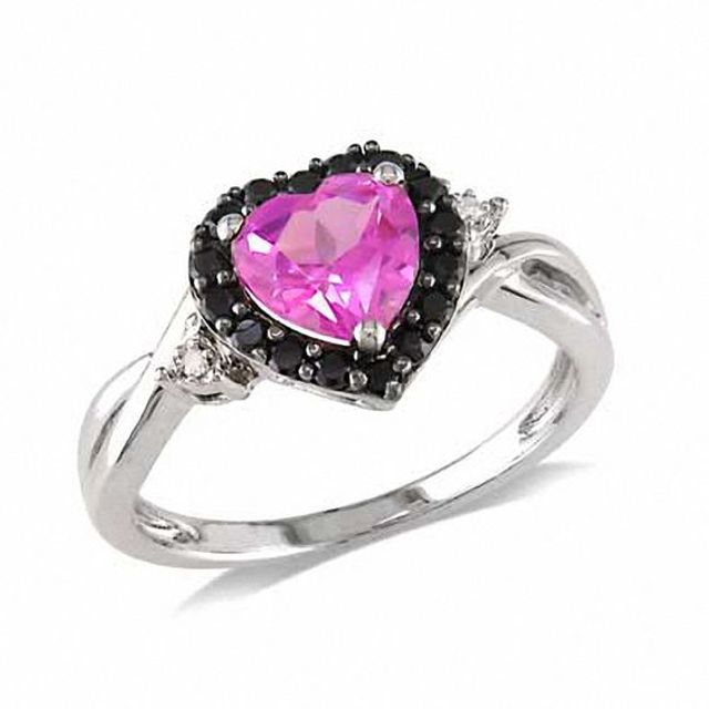 7.0mm Heart-Shaped Lab-Created Pink Sapphire, Black Spinel and Diamond Accent Ring in Sterling Silver