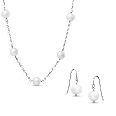 Honora 7.5 - 8.0mm Cultured Freshwater Pearl Station Necklace and Earrings Set in Sterling Silver