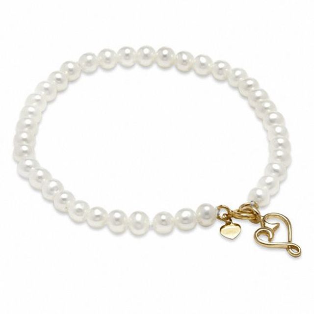 4.0-4.5mm Freshwater Cultured Pearl Strand Bracelet with 10K Gold Heart Charm and Clasp- 6.0"