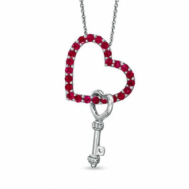 Lab-Created Ruby and Diamond Accent Heart Pendant with Key Charm in Sterling Silver
