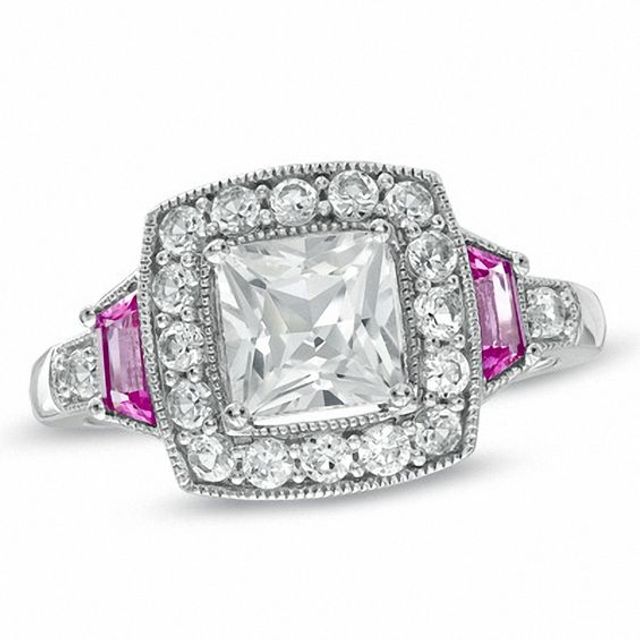 Princess-Cut Lab-Created White and Pink Sapphire Frame Ring in Sterling Silver