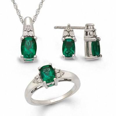 Emerald-Cut Lab-Created Emerald and Diamond Accent Pendant, Ring and Earrings Set in Sterling Silver - Size 7