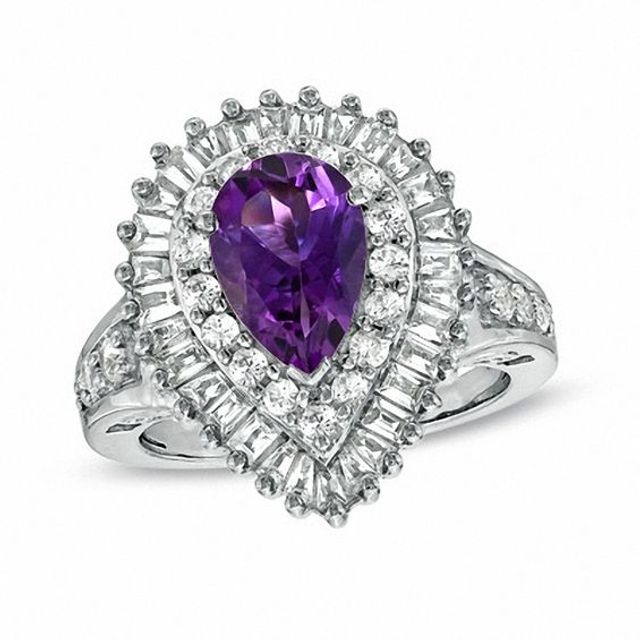 Pear-Shaped Amethyst and White Sapphire Double Frame Ring in Sterling Silver