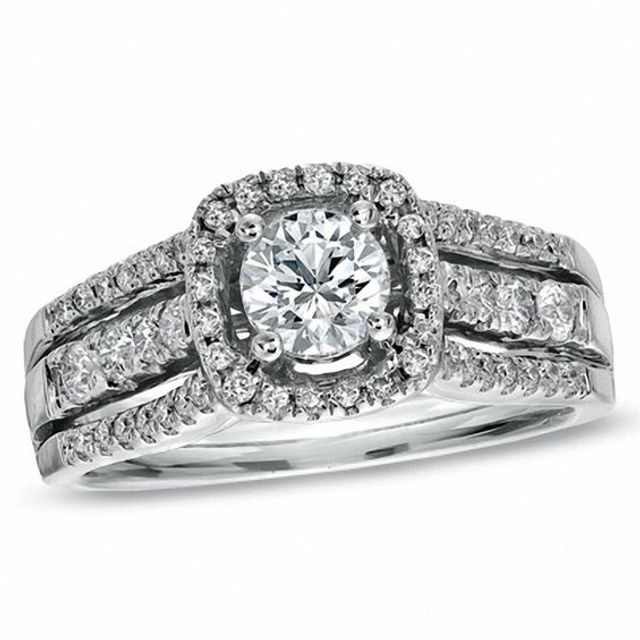 Celebration Ideal 1 CT. T.w. Certified Diamond Framed Engagement Ring in 14K White Gold (J/I1)