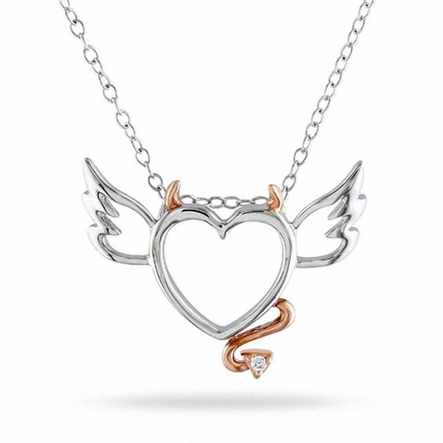 Diamond Accent Devil Heart with Wings Pendant in Two-Tone Sterling Silver