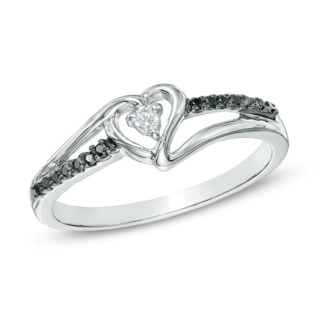 1/15 CT. T.w. Enhanced Black and White Diamond Heart Split Shank Promise Ring in Sterling Silver