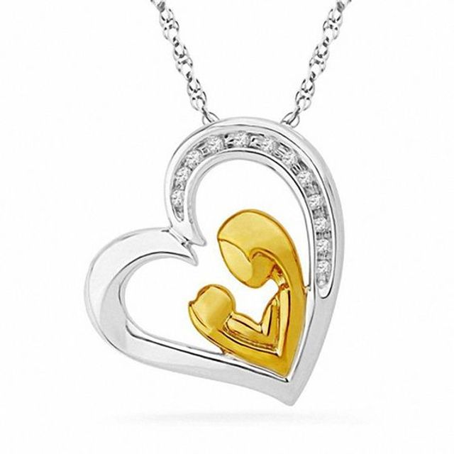 Diamond Accent Tilted Motherly Love Heart Pendant in Two-Tone Sterling Silver