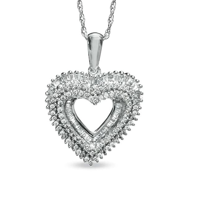3/4 CT. T.w. Round and Baguette Diamond Heart Pendant in Sterling Silver