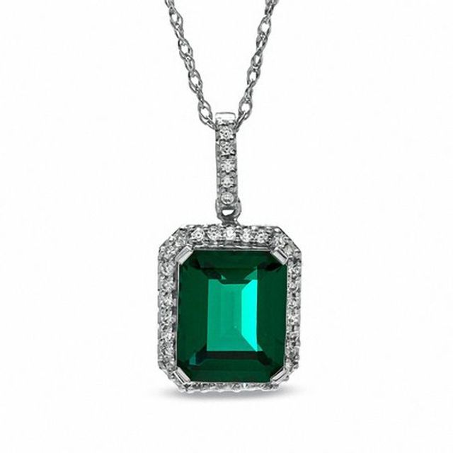 Lab-Created Emerald and White Sapphire Drop Pendant in Sterling Silver