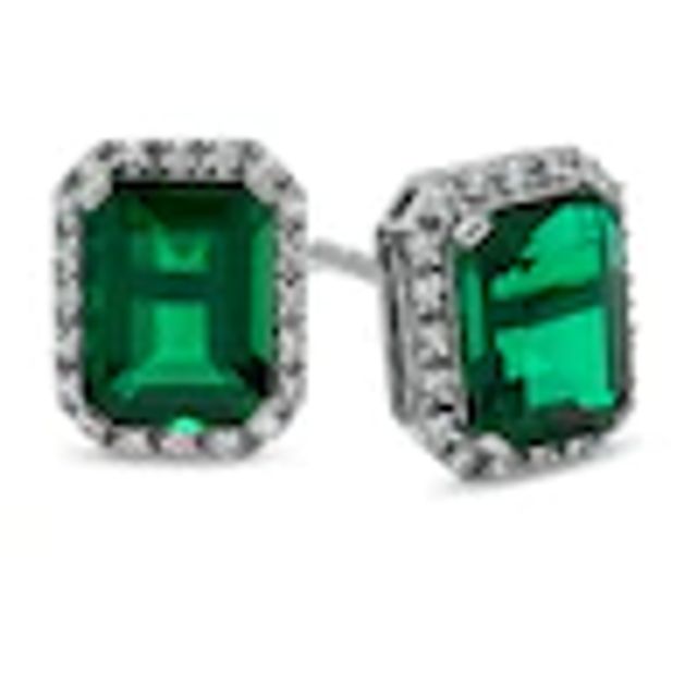 Lab-Created Emerald and White Sapphire Stud Earrings in Sterling Silver