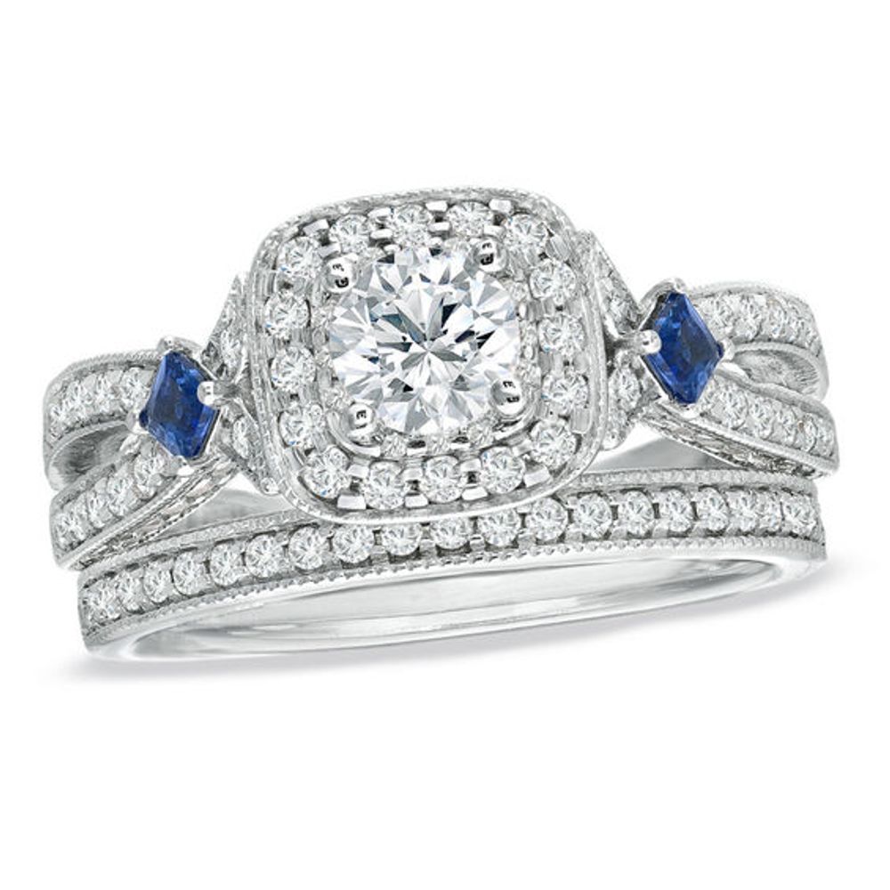 Vera Wang Love Collection 1-1/5 CT. T.w. Diamond and Sapphire Frame Bridal Set in 14K White Gold