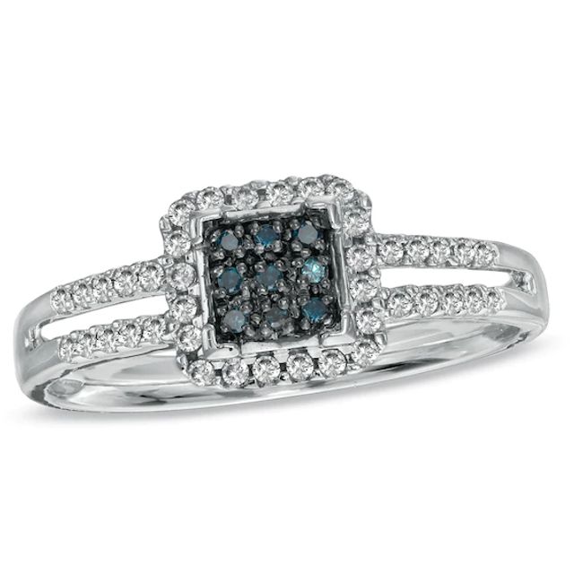 1/4 CT. T.w. Enhanced Blue and White Diamond Square Frame Split Shank Ring in 10K White Gold