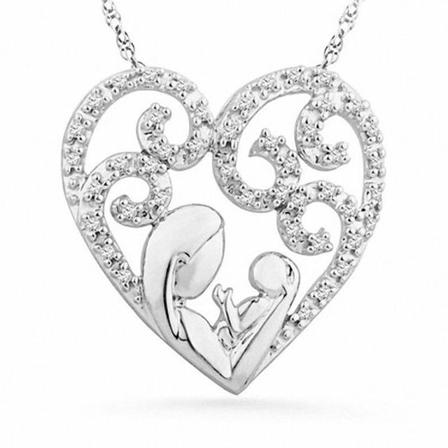 1/8 CT. T.w. Diamond Motherly Love Filigree Heart Pendant in Sterling Silver