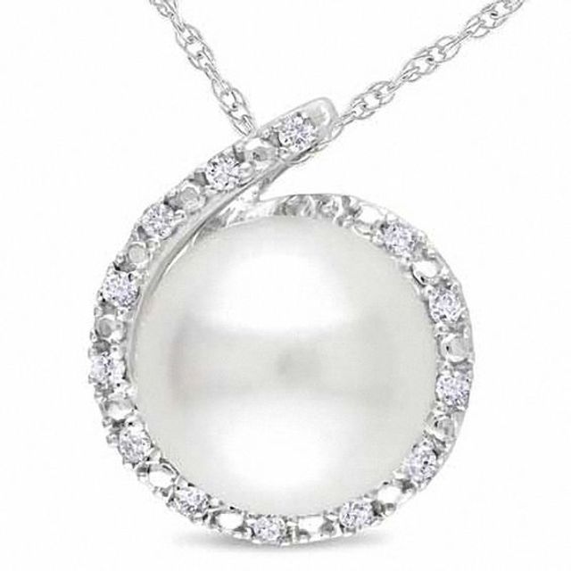 8.0-8.5mm Freshwater Cultured Pearl and Diamond Accent Pendant in 10K White Gold-17"