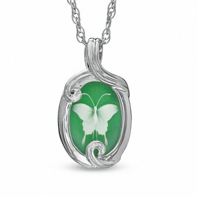 Green Chalcedony Butterfly Cameo Pendant in Sterling Silver