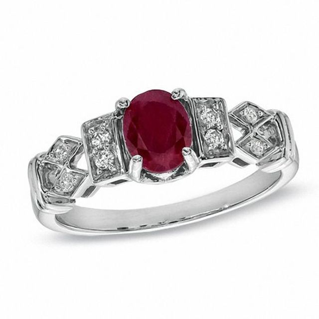 Oval Lab-Created Ruby and 1/10 CT. T.w. Diamond Ring in Sterling Silver