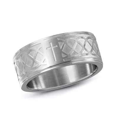 Men's 9.0mm Etched Cross Wedding Band in Stainless Steel