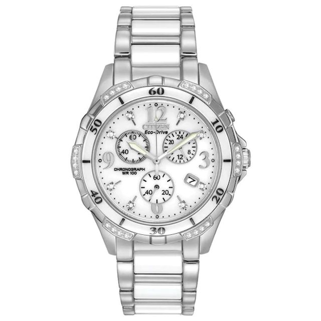 Ladies' Citizen Eco-DriveÂ® Diamond Accent Ceramic and Stainless Steel Chronograph Watch (Model: Fb1230-50A)