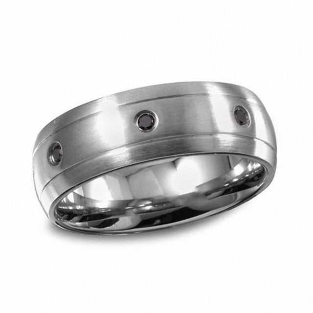 Men's 1/10 CT. T.w. Black Diamond Three Stone Wedding Band in Stainless Steel