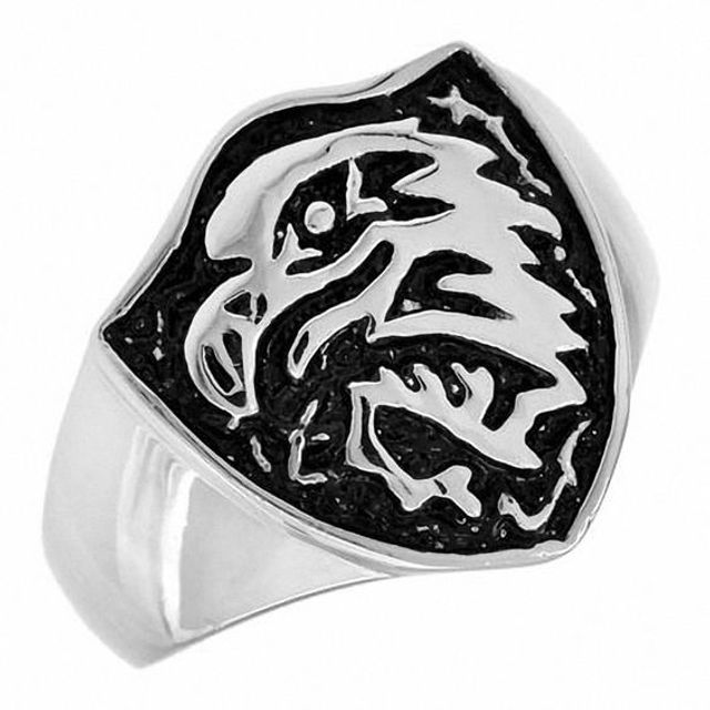 Men's Eagle Shield Ring in Stainless Steel with Black Enameling