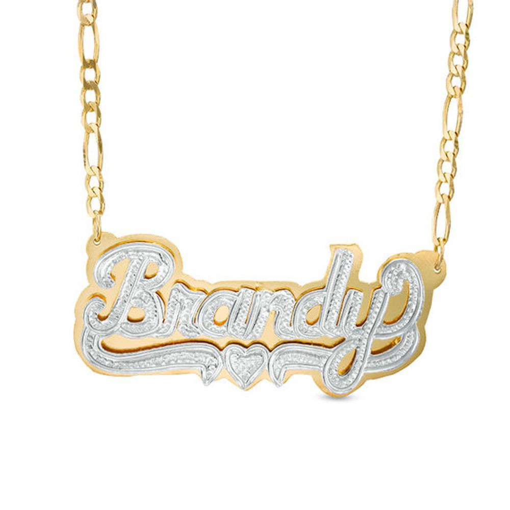 Diamond Accent Hammered Name and Heart Ribbon Accent Plate Necklace in Sterling Silver and 24K Gold Plate (1 Line)