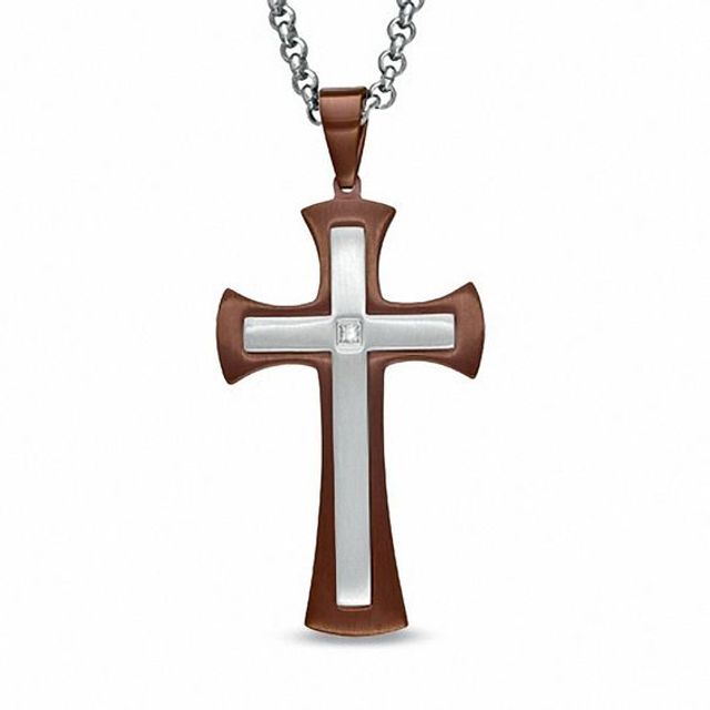 Men's Diamond Accent Stacked Cross Pendant in Two-Tone Stainless Steel - 24"