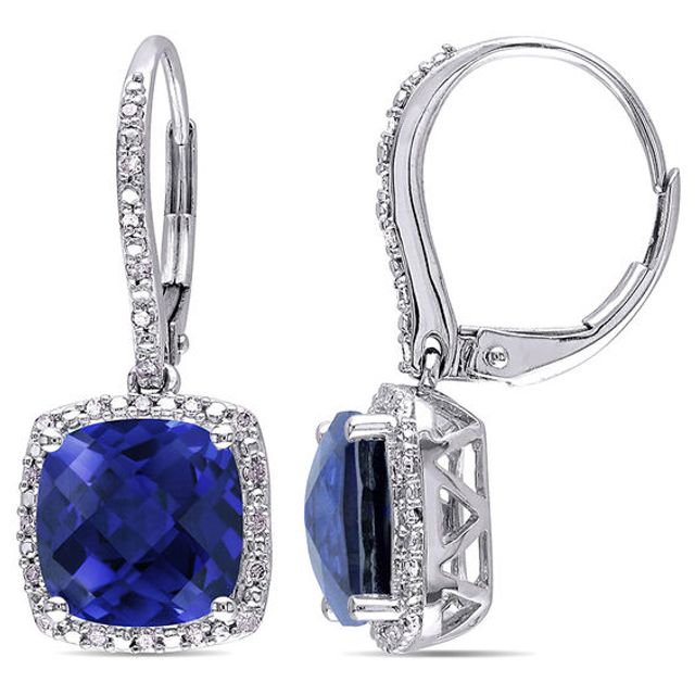 Cushion-Cut Lab-Created Blue Sapphire and 1/5 CT. T.w. Diamond Frame Drop Earrings in Sterling Silver