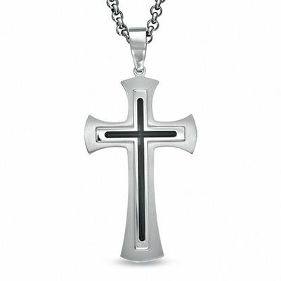 Men's Stainless Steel Cross Pendant with Black Resin Inlay - 24"